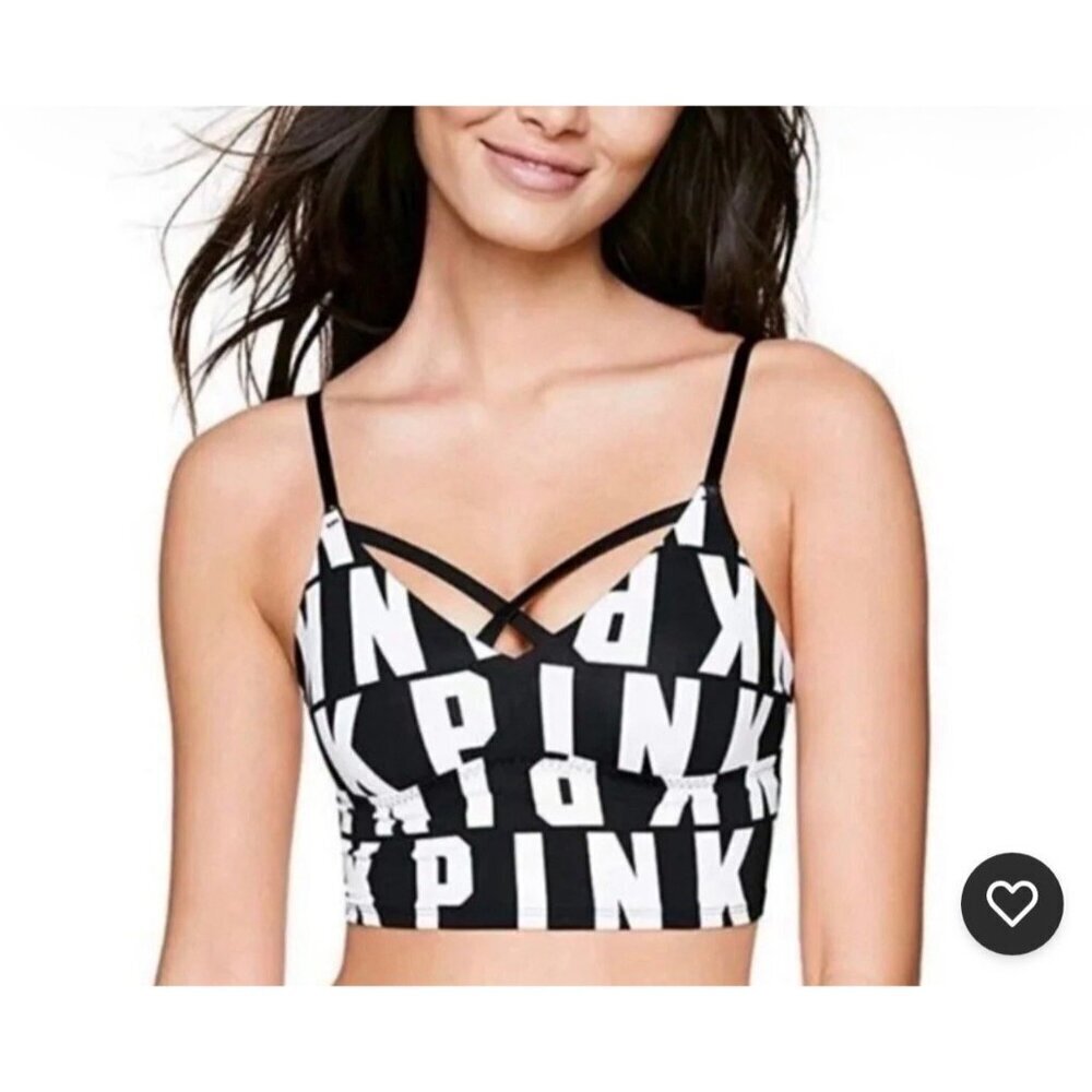 Rare Victoria’s Secret Pink Ultimate Black White Logo Unlined Sports Bralette L